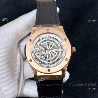Copy Hublot Classic Fusion Skeleton 43mm Watch Rose Gold Gummy Strap